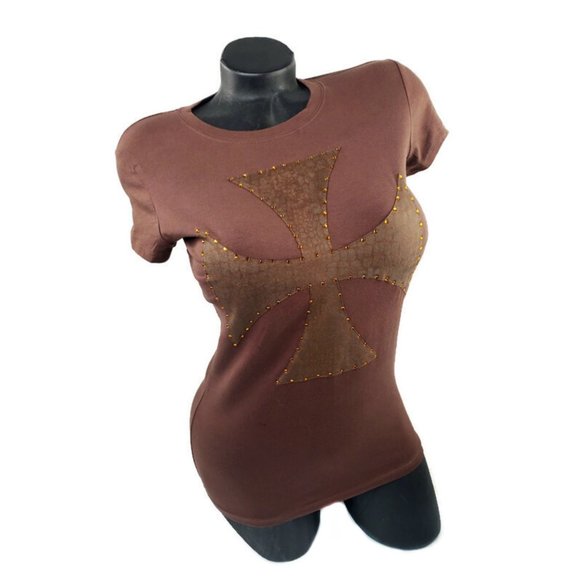 ** NEW ** Chocolate Fitted Spandex Tee with Fabric stitch Cross with Crystals. - Picture 2 of 5